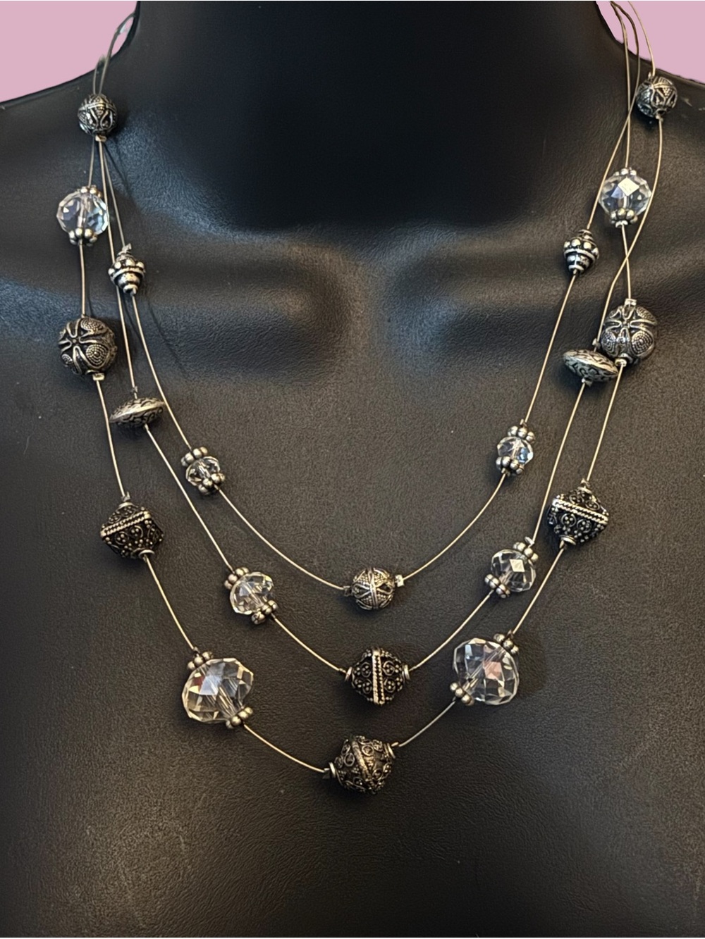 Chicos silver tone three strand layered illusion necklace